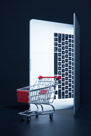 Laptop open like door with a empty shopping cart , online marketing and business trading concept.の写真素材