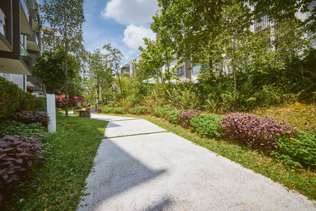 Modern residential buildings with outdoor facilities,green, Facade of new low-energy housesの写真素材