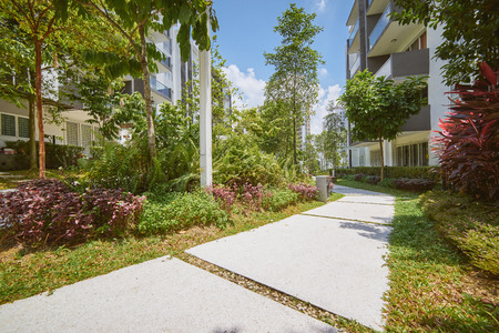 Modern residential buildings with outdoor facilities,green, Facade of new low-energy housesの写真素材