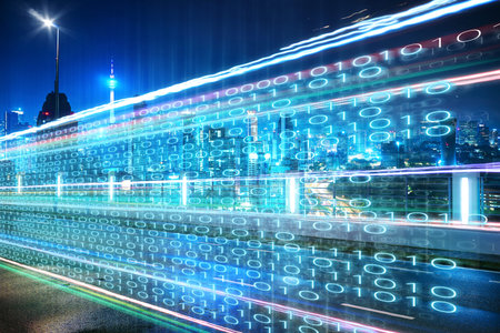 Highway flyover with binary code numbers on motion blurred asphalt  road , speed and faster digital...