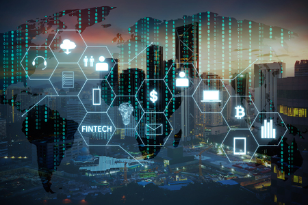 Fintech icon and internet of things with matrix code background
, Investment and financial internet technology concept.の写真素材