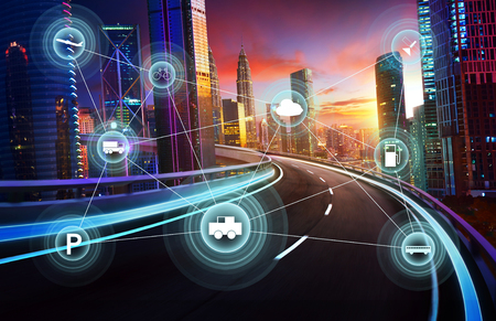 Morden city and smart transportation and intelligent communication network of things ,wireless connection technologies for business .の写真素材
