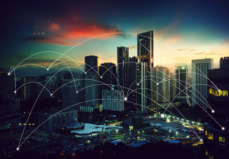 city scape and network connection conceptの写真素材