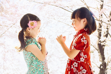 Two adorable girl wearing cheongsam during chinese new year season .の写真素材