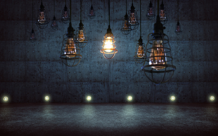 One vintage style light bulb standing out from other bulbs,rustic cement wall background , leadership and
business ideal success concept .の写真素材