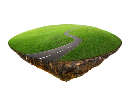 Fantasy island floating in the air with green field and curvy asphalt highway . Isolated on white background .の写真素材