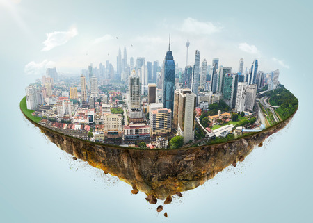 Fantasy island floating in the air with modern city skyline .の写真素材