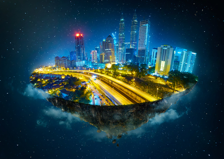 Fantasy island floating in the air with modern city skyline and lake garden, Night scene .の写真素材