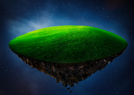 Fantasy island floating in the air with green field . Night scene .の写真素材