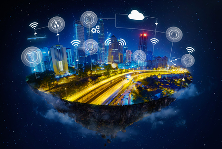 Fantasy island floating in the air with smart city and wireless communication network , Smart city and communication network concept .の写真素材