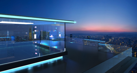 3D rendering of a modern glass balcony with city skyline real photography background , early morning scene . Mixed media .の写真素材