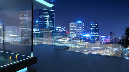 3D rendering of a modern glass balcony with city skyline real photography background, night scene .Mixed media .の写真素材