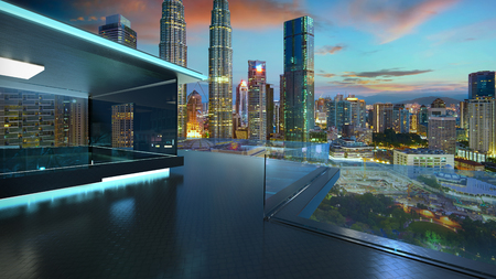 3D rendering of a modern glass balcony with kuala lumpur city skyline real photography background , night scene .Mixed media .の写真素材