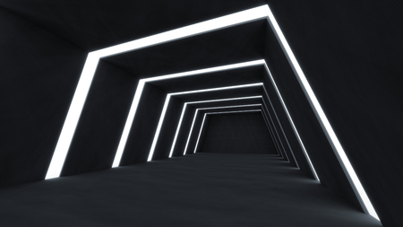 3D Render abstract and futuristic dark room empty space with glowing stripes light .の写真素材