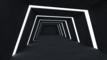 3D Render abstract and futuristic dark room empty space with glowing stripes light .の写真素材