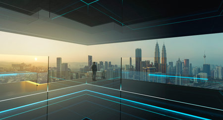 Rear view of a businessman looking at large city center. Concept of success and appreciation. Mixed media .の写真素材