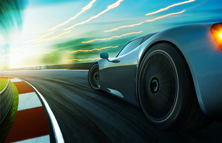3D rendering of a brand-less grey sport car with  motion blur . Race track background . Sunset scene .の写真素材