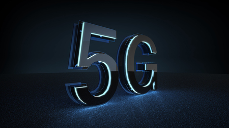 3D Render 5G futuristic font with blue neon light . Mobile network speed communication technology concept .の写真素材