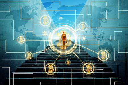Rear view of a businessman with bitcoin in the network. Electronic money ,blockchain transfers and finance concept.の写真素材