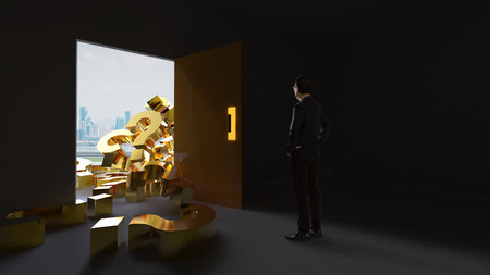 Businessman stand in front of a bunch of question marks fell in from the exit door from outside . Mixed media .の写真素材