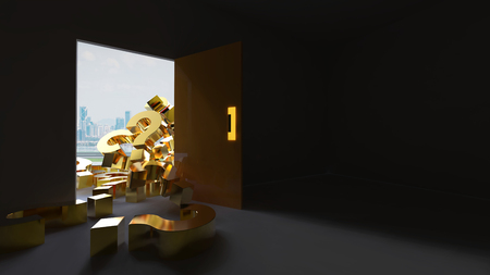 A bunch of question marks fell in from the exit door from outside .3D rendering .の写真素材