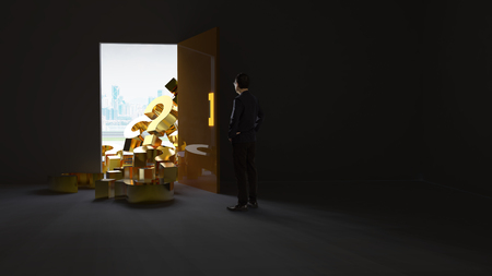 Businessman stand in front of a bunch of question marks fell in from the exit door from outside . Mixed media .の写真素材