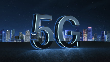 3D Render 5G futuristic font with blue neon light . Mobile network speed communication technology...