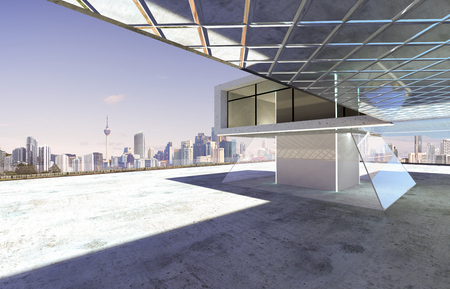 Closeup and perspective view of empty cement floor with modern steel and glass building exterior . 3D rendering and real images mixed media .の写真素材