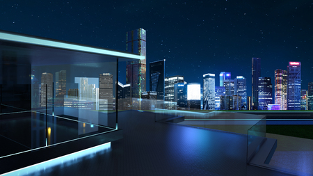 3D rendering of a modern glass balcony with city skyline real photography background, night scene .Mixed media .の写真素材