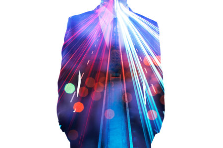 Close Up businessman with car light trail double exposure isolated on white backgroundの写真素材