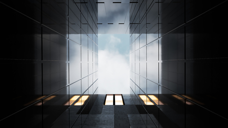 Low angle view of generic modern office skyscrapers ,high rise buildings with abstract geometry glass and cement facades . Concepts of finances and economics background. 3d rendering .の写真素材