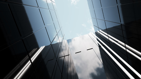 Low angle view of generic modern office skyscrapers ,high rise buildings with abstract geometry glass facades . Concepts of finances and economics background. 3d rendering .の写真素材