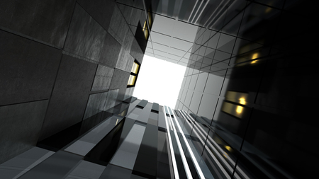 Low angle view of generic modern office skyscrapers ,high rise buildings with abstract geometry glass and cement facades . Concepts of finances and economics background. 3d rendering .の写真素材