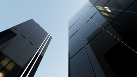 Low angle view of generic modern office skyscrapers ,high rise buildings with abstract geometry glass facades . Concepts of finances and economics background. 3d rendering .の写真素材
