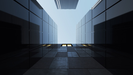 Low angle view of generic modern business skyscrapers ,high rise buildings with abstract geometry glass and cement facades . Concepts of finances and economics background. 3d rendering .の写真素材