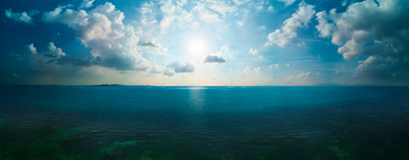 Dramatic seascape with wide horizon of the sky and the sea. Panorama big field view .の写真素材