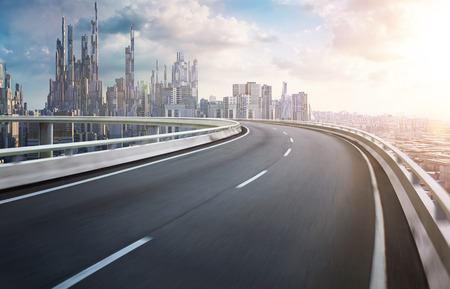 3D rendering futuristic concept city landscape skyline flyover highway bridge .の写真素材