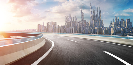 3D rendering futuristic concept city landscape skyline flyover highway bridge .の写真素材