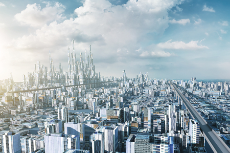 Highway overpass with futuristic sci-fi city and commercial office building . 3d illustration rendering .の写真素材