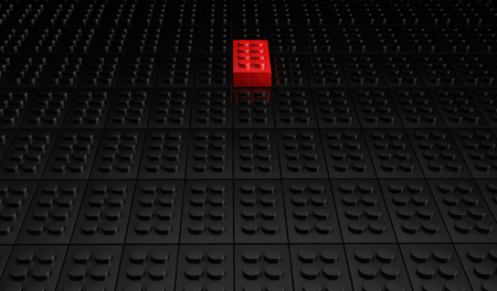 3D rendering red toy bricks standing out from crowd of black toy bricks .  Leadership, independence, initiative, strategy, dissent, think different, uniqueness ,business success concept .の写真素材