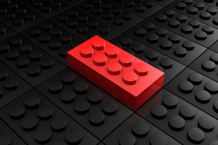 3D rendering red toy bricks standing out from crowd of black toy bricks .  Leadership, independence, initiative, strategy, dissent, think different, uniqueness ,business success concept .の写真素材