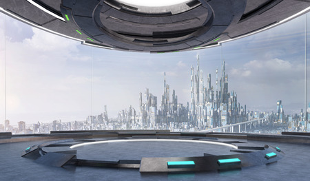 Futuristic interior design empty space room with large windows and futuristic city urban landscape . 3d illustration rendering .の写真素材