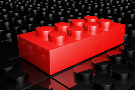 3D rendering red toy bricks standing out from crowd of black toy bricks .  Leadership, independence, initiative, strategy, dissent, think different, uniqueness ,business success concept .の写真素材