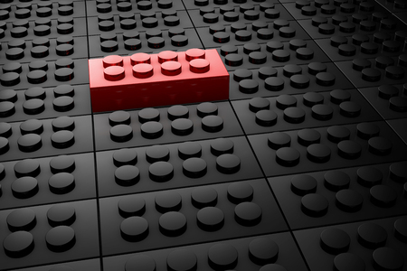 3D rendering red toy bricks standing out from crowd of black toy bricks .  Leadership, independence, initiative, strategy, dissent, think different, uniqueness ,business success concept .の写真素材