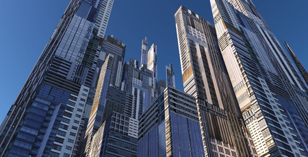 Low angle view of futuristic sci-fi city and commercial office building . 3d illustration rendering .の写真素材