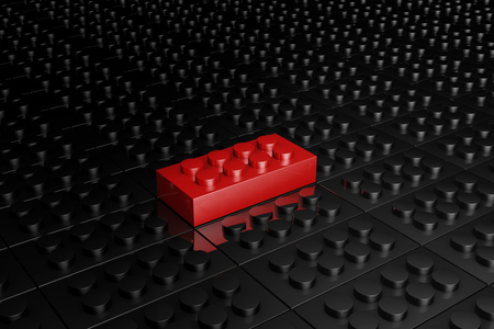3D rendering red toy bricks standing out from crowd of black toy bricks .  Leadership, independence, initiative, strategy, dissent, think different, uniqueness ,business success concept .の写真素材