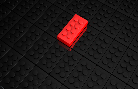 3D rendering red toy bricks standing out from crowd of black toy bricks .  Leadership, independence, initiative, strategy, dissent, think different, uniqueness ,business success concept .の写真素材