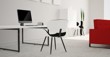 Modern and minimalist bright interior of living room with red sofa and white furniture . 3d rendering .の写真素材
