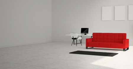 Modern and minimalist bright interior of living room with red sofa and white furniture . 3d rendering .の写真素材