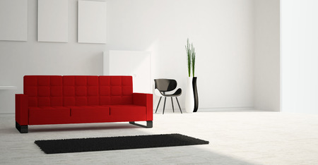 Modern and minimalist bright interior of living room with red sofa and white furniture . 3d rendering .の写真素材